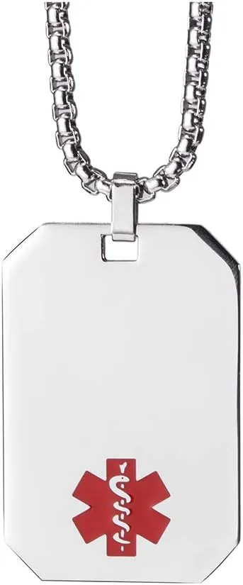 Medical Alert ID Necklace - Stainless Steel Medical ID Dog Tag - Medical Emergency Identification Pendant Chain Necklace 24"/26"/28" Free Engraving