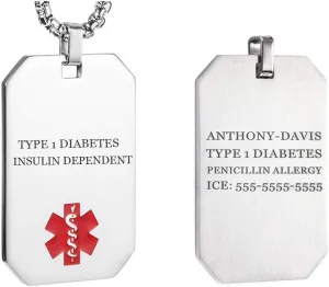 Medical Alert ID Necklace - Stainless Steel Medical ID Dog Tag - Medical Emergency Identification Pendant Chain Necklace 24"/26"/28" Free Engraving