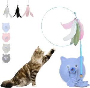 MeowMastery Teaser Wand - Interactive Cat Toy with 3 Replaceable Feathers,Suctions to Ground for Exercise & Entertainment for Active Felines(Blue)
