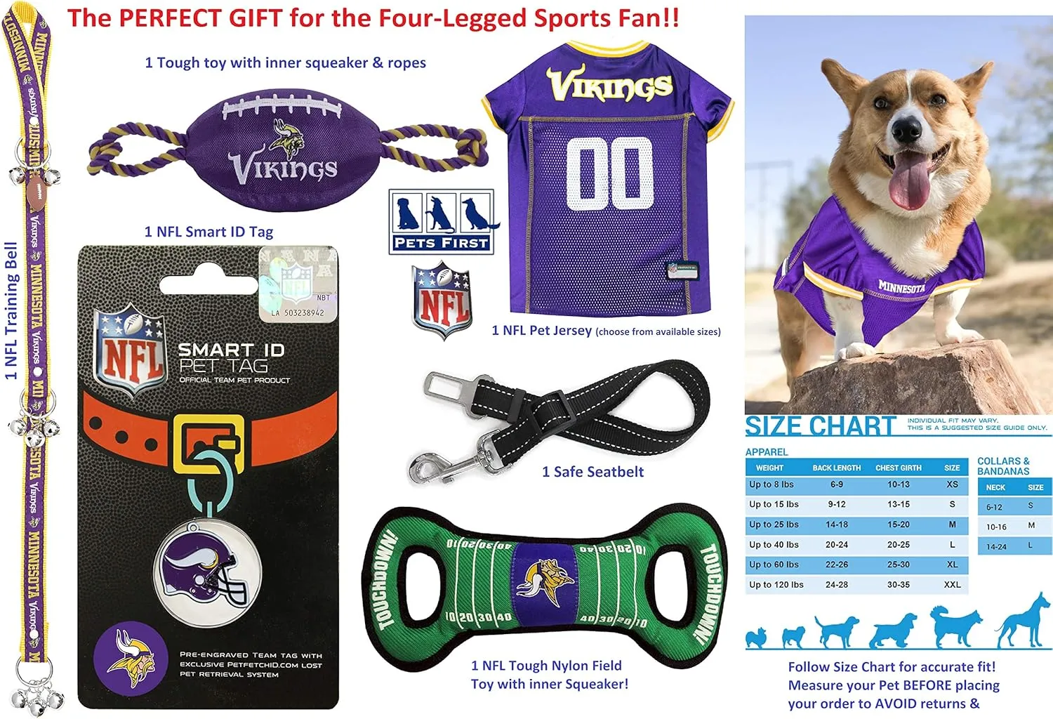 Minnesota Vikings PET GIFT BOX with 2 Licensed DOG TOYS, 1 Logo-engraved NATURAL DOG TREAT, 1 NFL JERSEY, 1 Puppy Training Bells & 1 Car Seatbelt