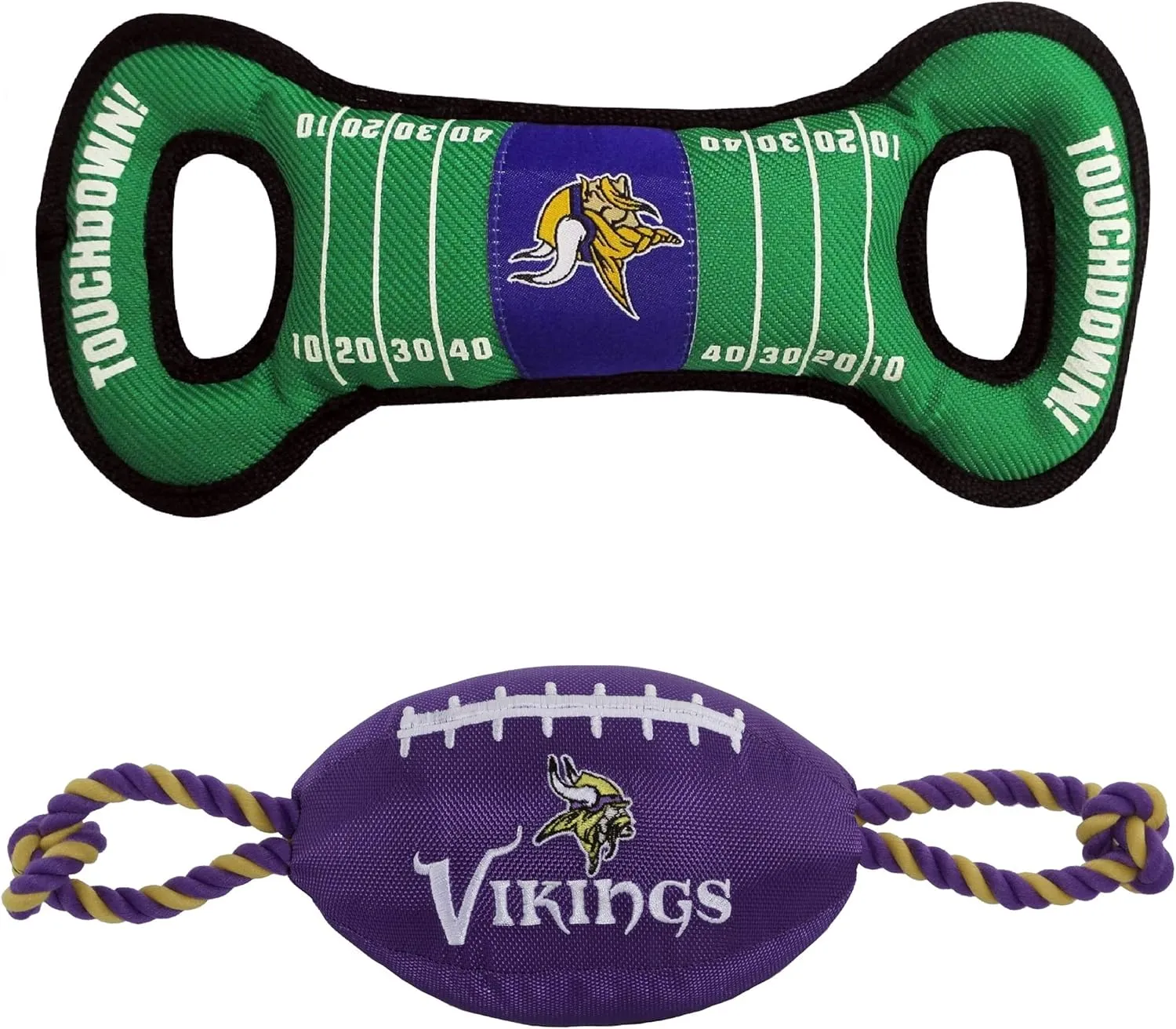 Minnesota Vikings PET GIFT BOX with 2 Licensed DOG TOYS, 1 Logo-engraved NATURAL DOG TREAT, 1 NFL JERSEY, 1 Puppy Training Bells & 1 Car Seatbelt
