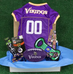 Minnesota Vikings PET GIFT BOX with 2 Licensed DOG TOYS, 1 Logo-engraved NATURAL DOG TREAT, 1 NFL JERSEY, 1 Puppy Training Bells & 1 Car Seatbelt