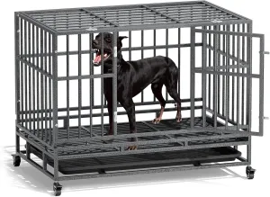 MoNiBloom Heavy Duty Dog Indestructible Crate with Lockable Wheels, Escape Proof Dog Kennel with Double-Door, Chew-Proof Pet Cage Indoor for Medium Dogs