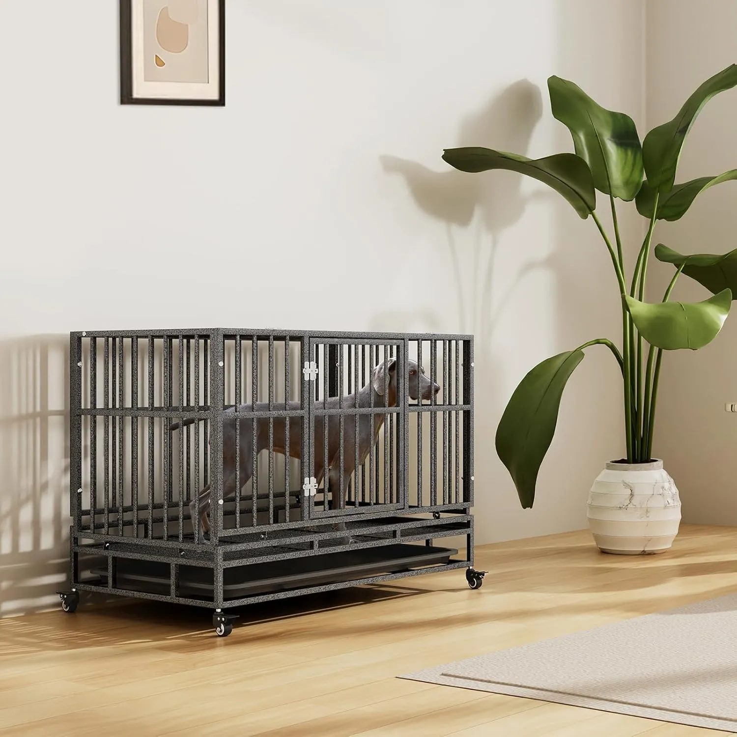 MoNiBloom Heavy Duty Dog Indestructible Crate with Lockable Wheels, Escape Proof Dog Kennel with Double-Door, Chew-Proof Pet Cage Indoor for Medium Dogs