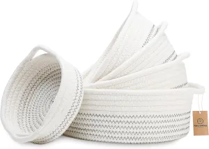 NaturalCozy 5-Piece Round Small Woven Baskets Set Cotton Rope Baskets for Organizing! Montessori Toys, Fruits Remotes Key Tray Bowl for Entryway Desk, Shallow Catchall Home Dcor, Cat Dog Bin Gift
