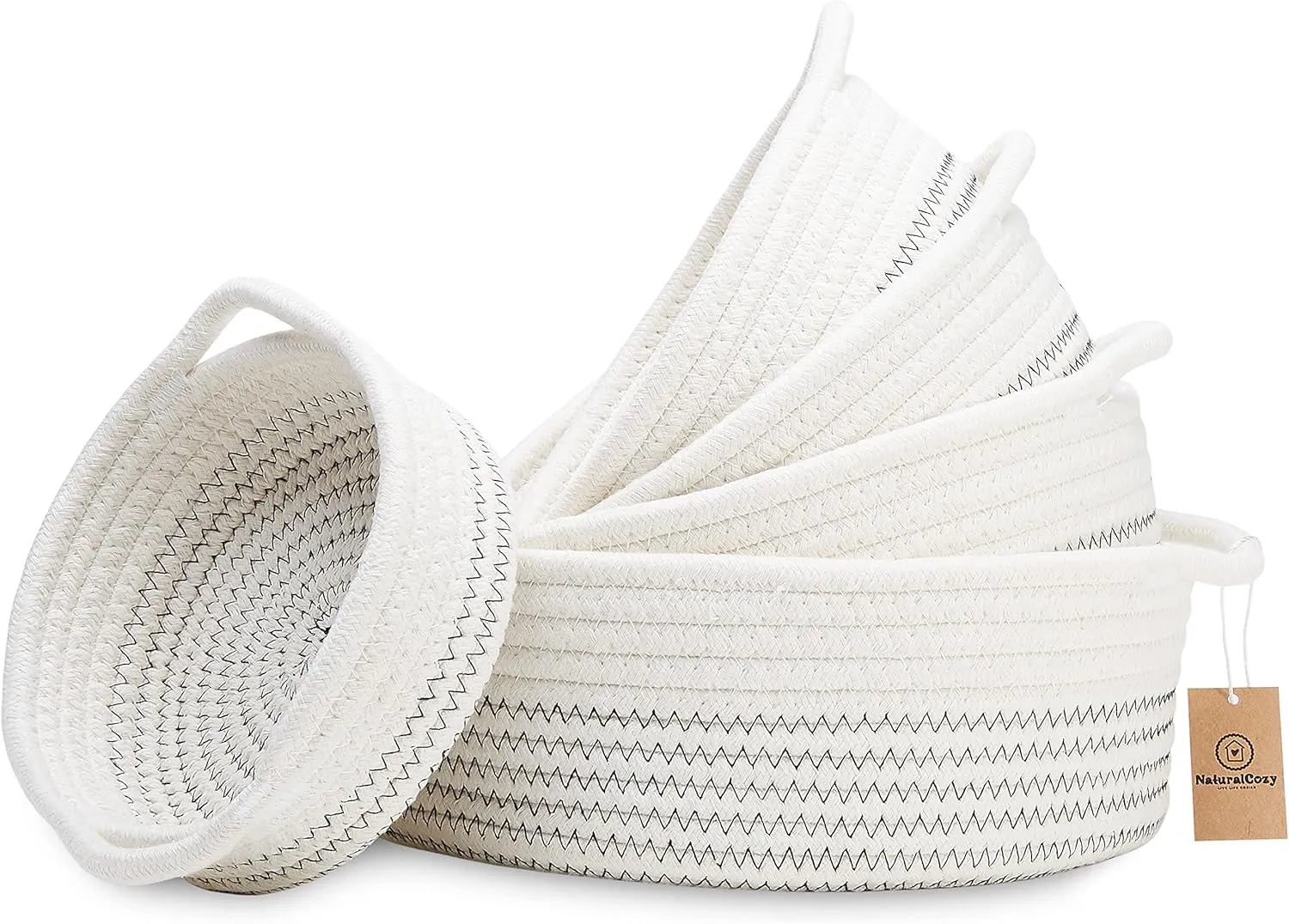 NaturalCozy 5-Piece Round Small Woven Baskets Set Cotton Rope Baskets for Organizing! Montessori Toys, Fruits Remotes Key Tray Bowl for Entryway Desk, Shallow Catchall Home Dcor, Cat Dog Bin Gift