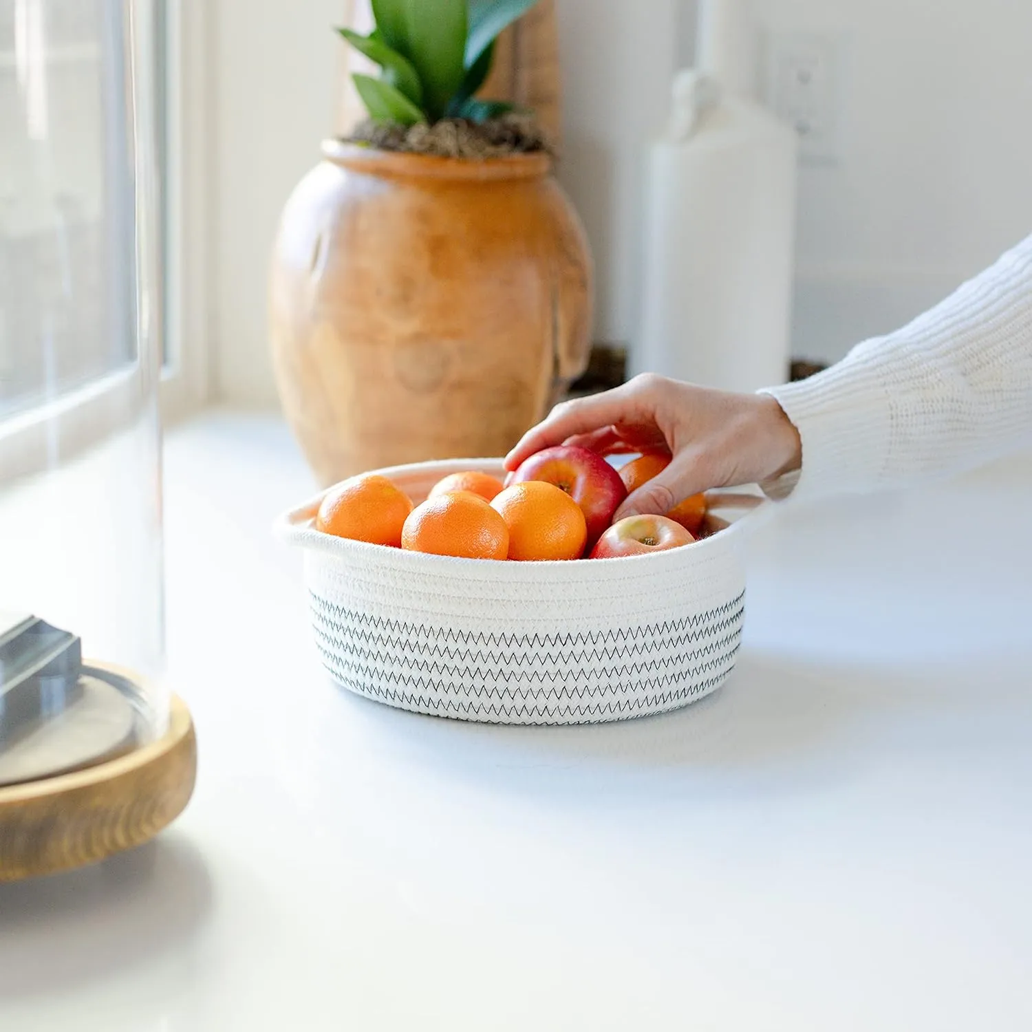 NaturalCozy 5-Piece Round Small Woven Baskets Set Cotton Rope Baskets for Organizing! Montessori Toys, Fruits Remotes Key Tray Bowl for Entryway Desk, Shallow Catchall Home Dcor, Cat Dog Bin Gift