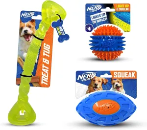 Nerf Dog Toy Gift Set, 3-Piece Set of Outdoor Dog Toys for Tug and Fetch, Includes Spike Squeak Ball, Treat Tug Bone and Exo Squeak Football