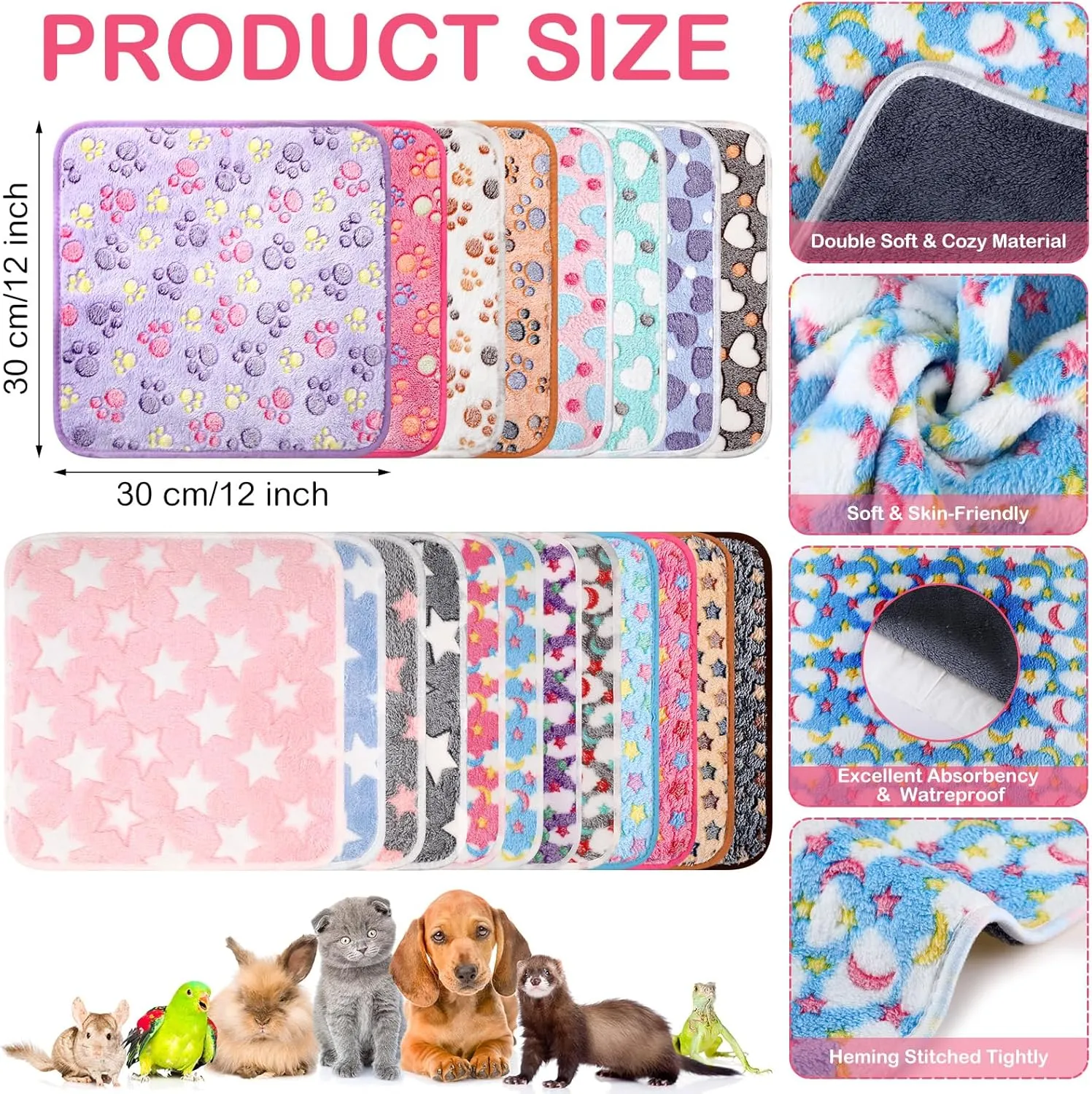 Newwiee 20 Pcs Small PET Fleece Blanket Washable Waterproof Small Animal Cage Bedding Guinea Pig Puppy Dog Cat Pee Pad Liner Accessories(12 x 12 Inch, Assorted)