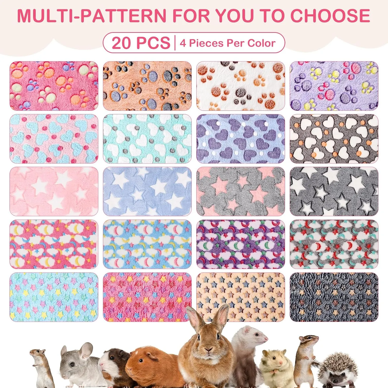 Newwiee 20 Pcs Small PET Fleece Blanket Washable Waterproof Small Animal Cage Bedding Guinea Pig Puppy Dog Cat Pee Pad Liner Accessories(18 x 13 Inch, Assorted)
