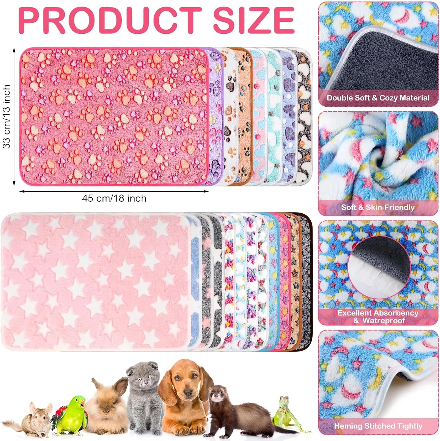 Newwiee 20 Pcs Small PET Fleece Blanket Washable Waterproof Small Animal Cage Bedding Guinea Pig Puppy Dog Cat Pee Pad Liner Accessories(18 x 13 Inch, Assorted)