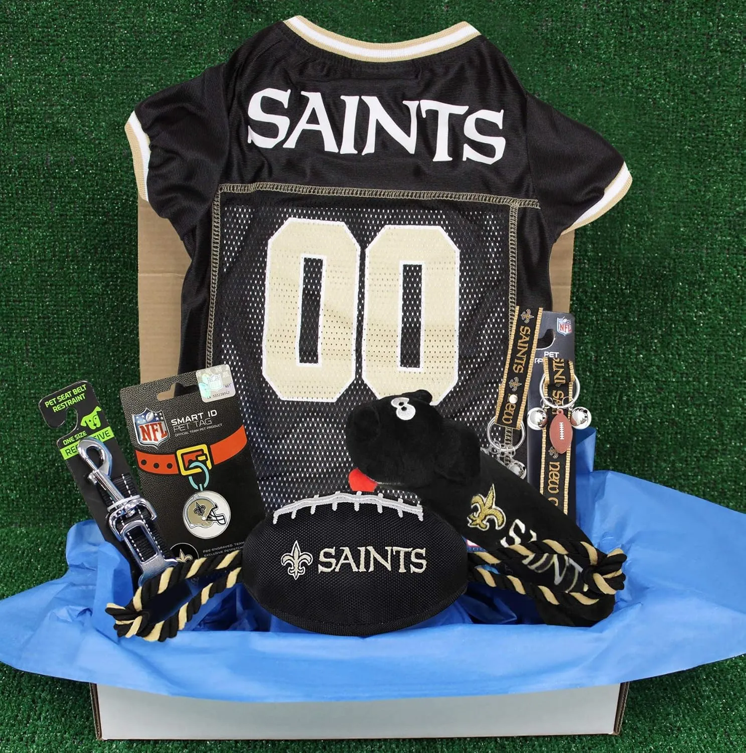 NFL New Orleans Saints PET GIFT BOX with 2 Licensed DOG TOYS, 1 Logo-engraved NATURAL DOG TREAT, 1 NFL JERSEY, 1 NFL Puppy Training Bells & 1 Car Seatbelt