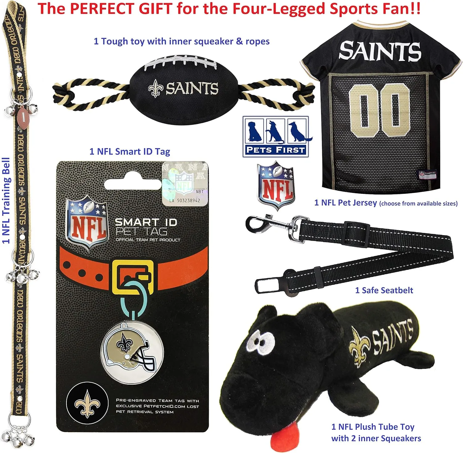 NFL New Orleans Saints PET GIFT BOX with 2 Licensed DOG TOYS, 1 Logo-engraved NATURAL DOG TREAT, 1 NFL JERSEY, 1 NFL Puppy Training Bells & 1 Car Seatbelt