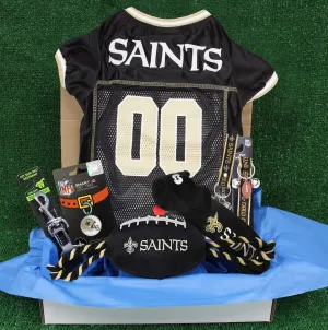 NFL New Orleans Saints PET GIFT BOX with 2 Licensed DOG TOYS, 1 Logo-engraved NATURAL DOG TREAT, 1 NFL JERSEY, 1 NFL Puppy Training Bells & 1 Car Seatbelt
