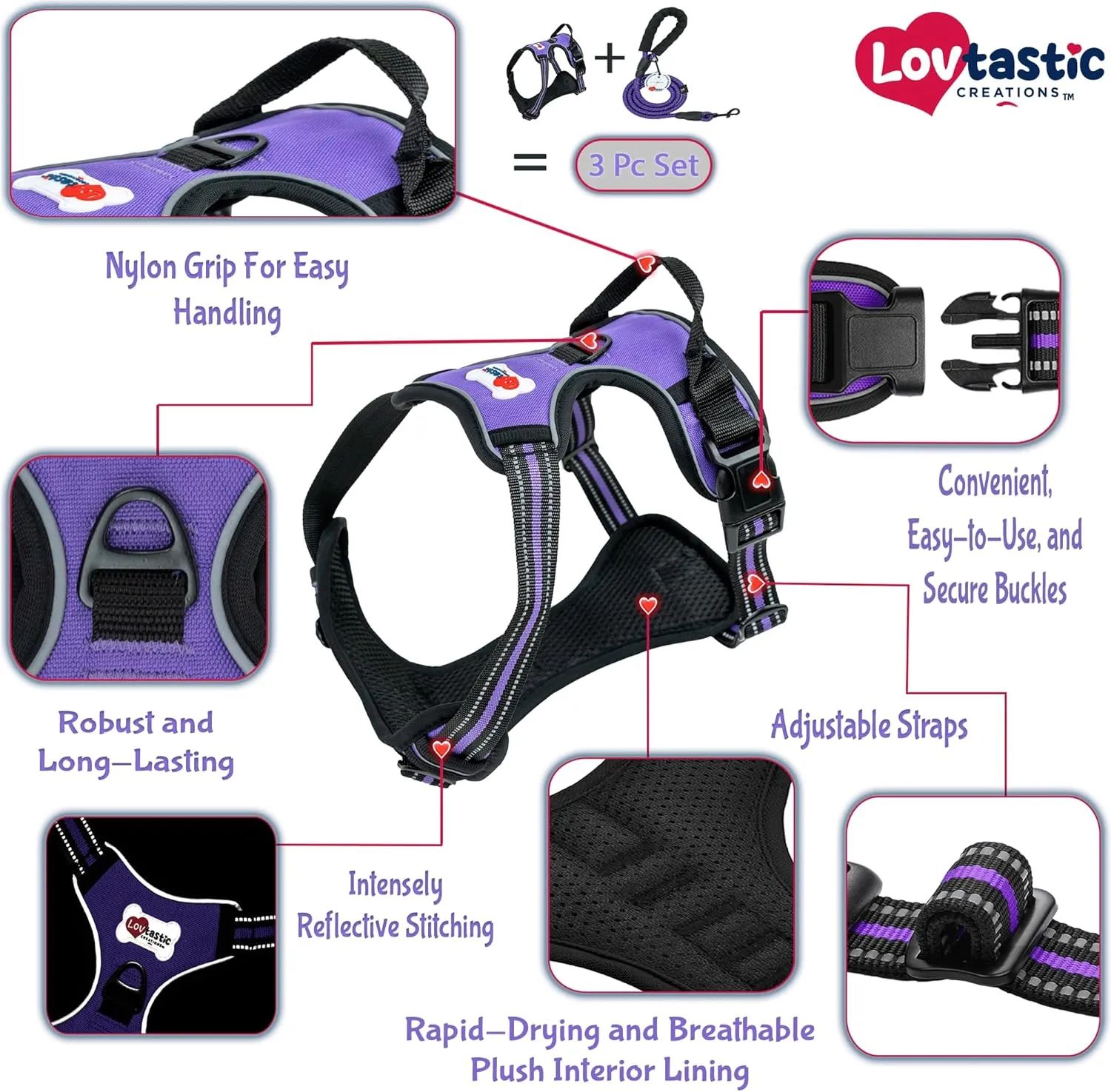 No-Pull Dog Harness - with Strong & Durable Dog Leash & Free Poopbag Holder 3pcs Set | Reflective No-Choke Pet Harness (SM-Purple)