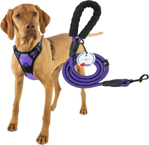 No-Pull Dog Harness - with Strong & Durable Dog Leash & Free Poopbag Holder 3pcs Set | Reflective No-Choke Pet Harness (SM-Purple)