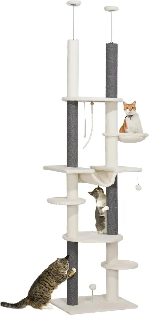 PawHut Cat Tree Tower, Floor to Ceiling Cat Tree, Adjustable Height (89"- 100"), 7 Tier Cat Tower with Scratching Posts, Hammock, Perches, Toy Balls & Rope Cat Toy for Indoor Cats, White