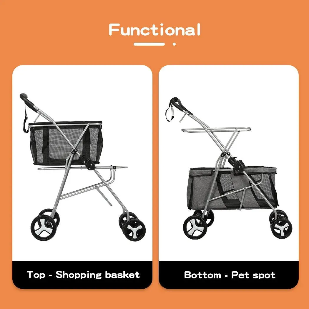 PaWz Pet Stroller 2-Tier Pram Dog Cat Carrier Foldable Large 4 Wheels Shopping