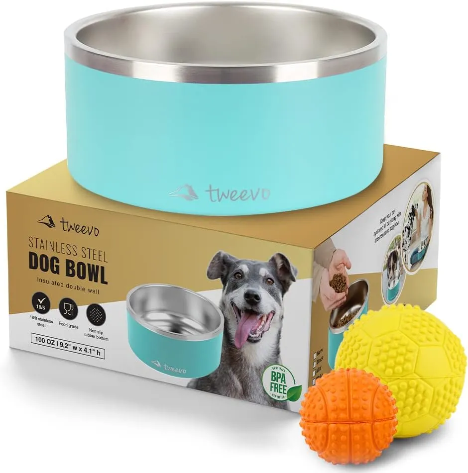Stainless Steel Large Dog Bowl with 2 Rubber Balls - 64oz/100oz Size & 7 Color Options Durable, Non-Slip, Insulated Dog Bowl, Insulated Dog Food Bowls for Medium, Large, and Extra Large Dogs