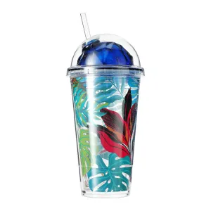 Tropical Forest Series Monstera Deliciosa Print Plastic Bottle with Straw, 450mL(Blue Lid)