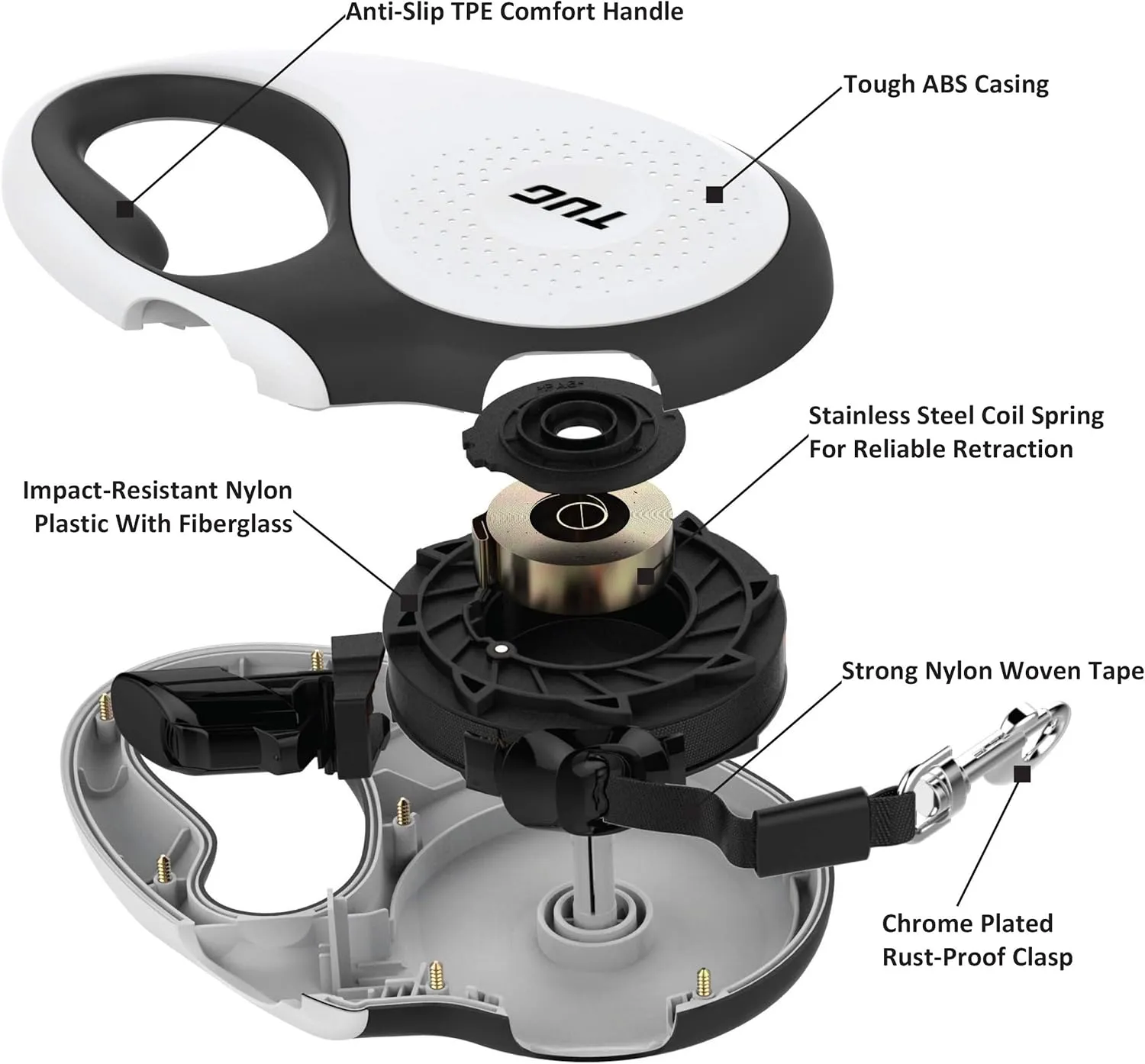 TUG 360 Tangle-Free Retractable Dog Leash | 16 ft Strong Nylon Tape | One-Handed Brake, Pause, Lock (Medium, White)
