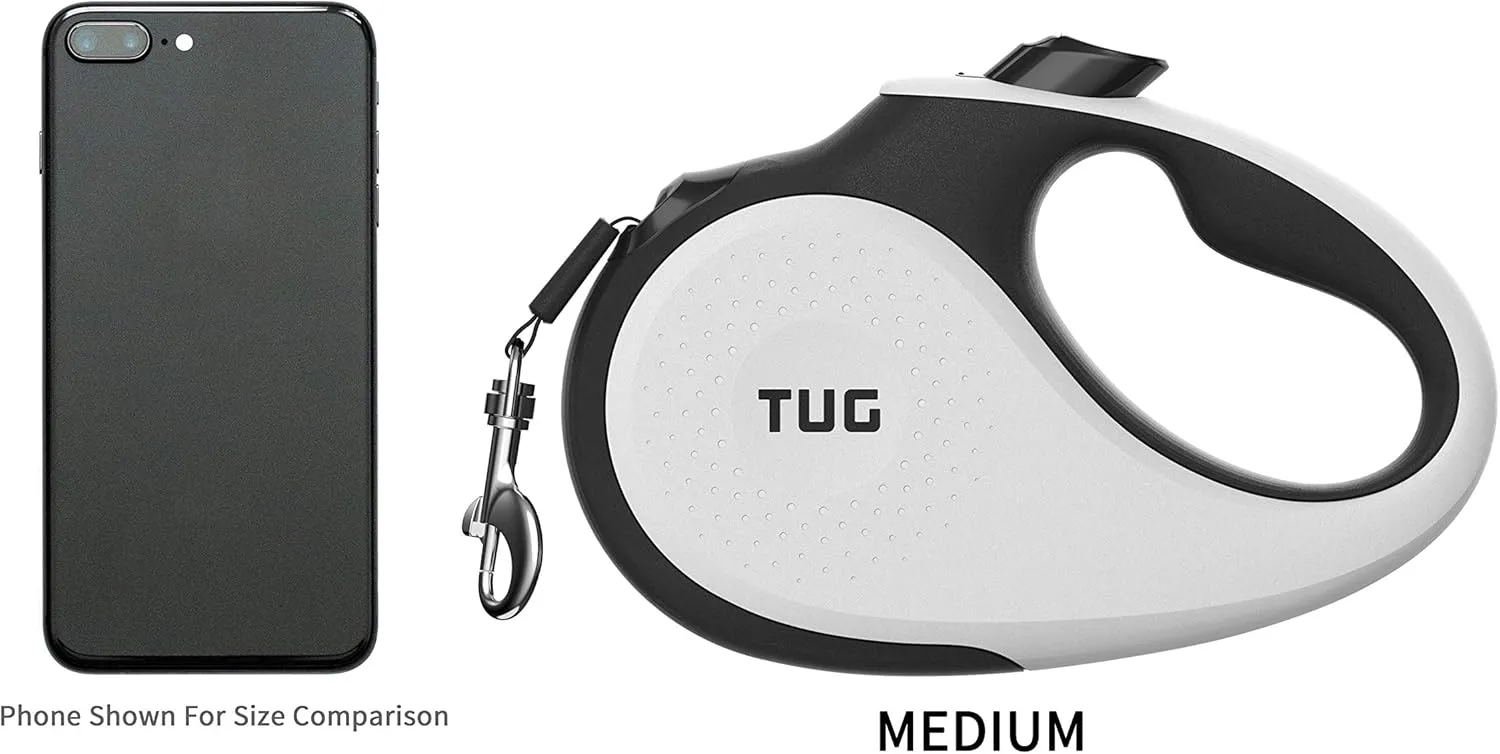 TUG 360 Tangle-Free Retractable Dog Leash | 16 ft Strong Nylon Tape | One-Handed Brake, Pause, Lock (Medium, White)
