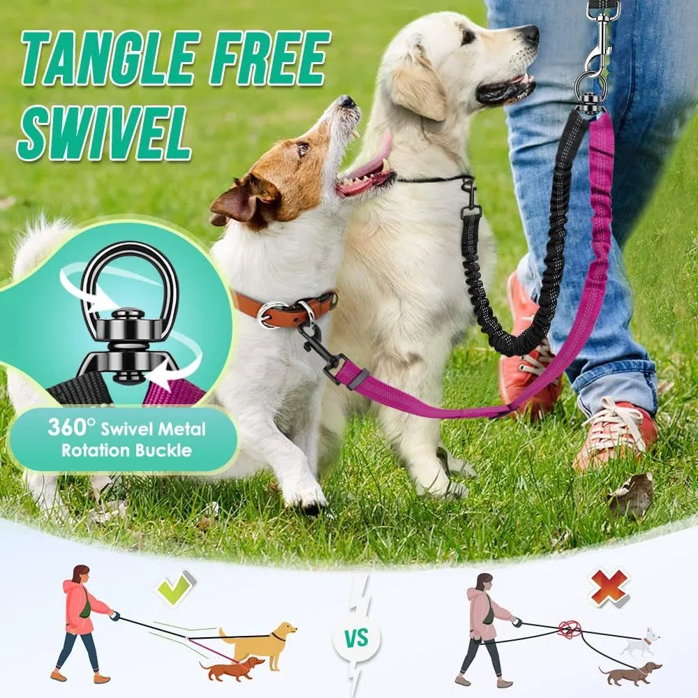 Two Dog Lead, 2 in 1 Upgraded Double Dog Leash Attachment Combine Adjustable Strap and Shock Absorbing Bungee No Tangle Dual Training Splitter for Different Size Dogs
