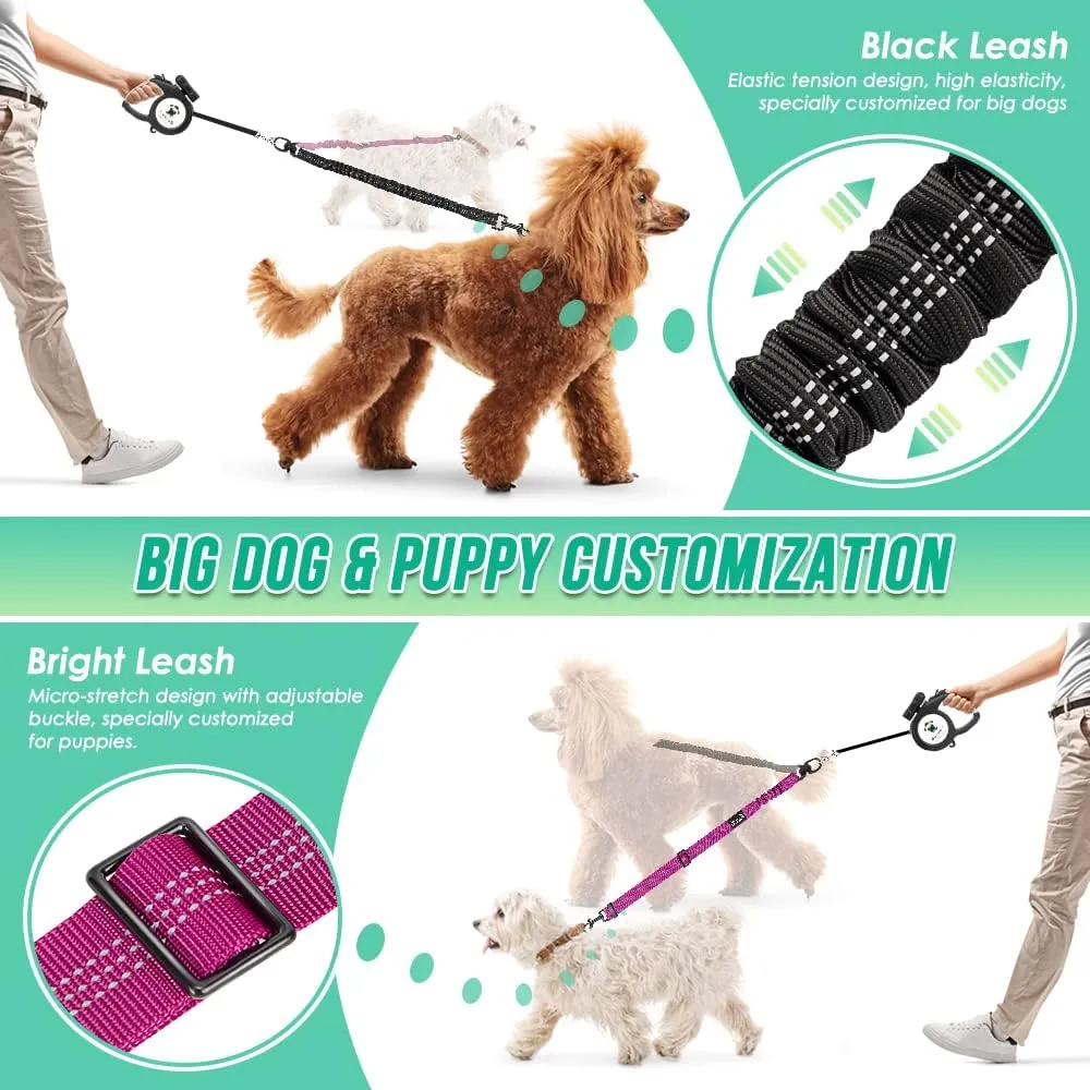 Two Dog Lead, 2 in 1 Upgraded Double Dog Leash Attachment Combine Adjustable Strap and Shock Absorbing Bungee No Tangle Dual Training Splitter for Different Size Dogs