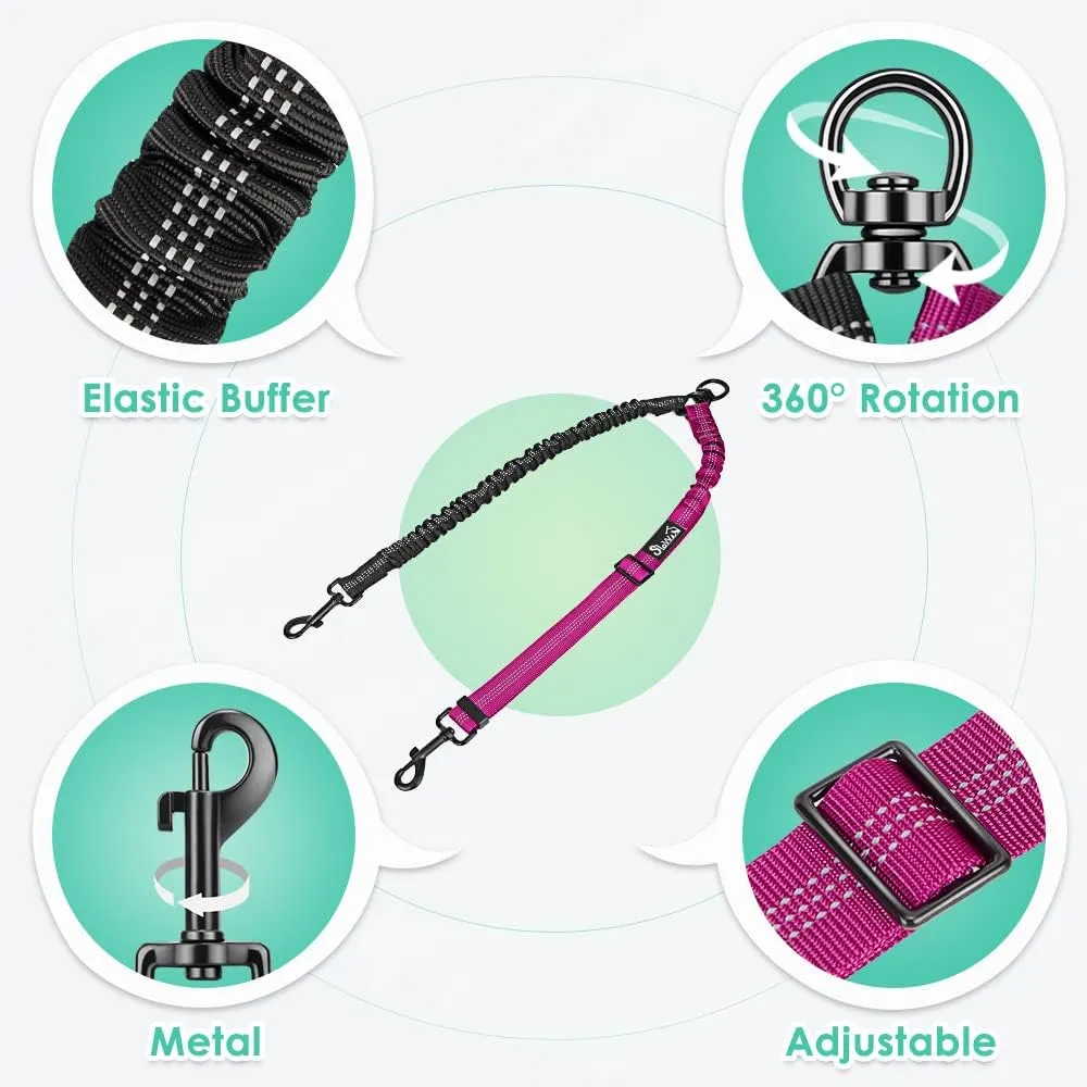 Two Dog Lead, 2 in 1 Upgraded Double Dog Leash Attachment Combine Adjustable Strap and Shock Absorbing Bungee No Tangle Dual Training Splitter for Different Size Dogs