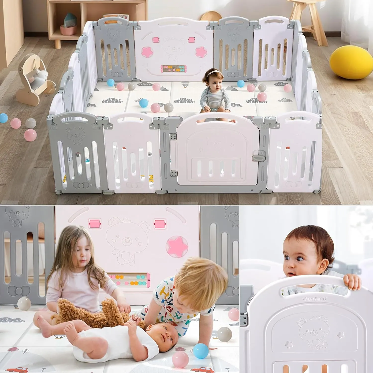 UANLAUO Play Yard 18 Panel Foldable Baby Fence & Play Area, Adjustable Shape, Easy to Assemble Indoor/Outdoor (Grey White)