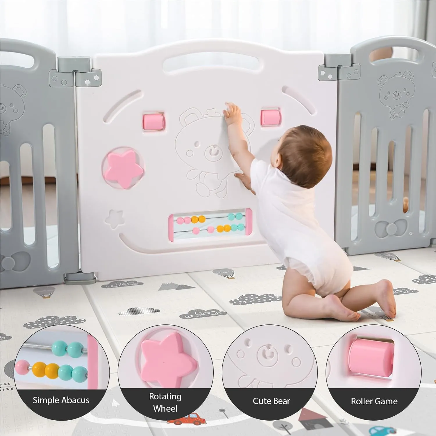 UANLAUO Play Yard 18 Panel Foldable Baby Fence & Play Area, Adjustable Shape, Easy to Assemble Indoor/Outdoor (Grey White)