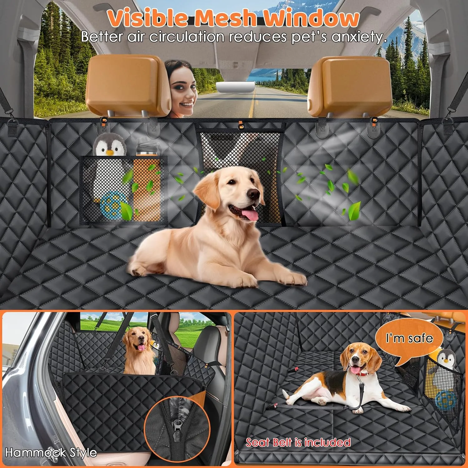 URPOWER Backseat Extender for Dogs - Hard Bottom Dog Car Seat Cover for Back Seat, Foldable Dog Hammock for Car, SUV, and Truck, Pet Rear Seat Protector Dogs Travel Bed with Mesh Window & Side Flaps