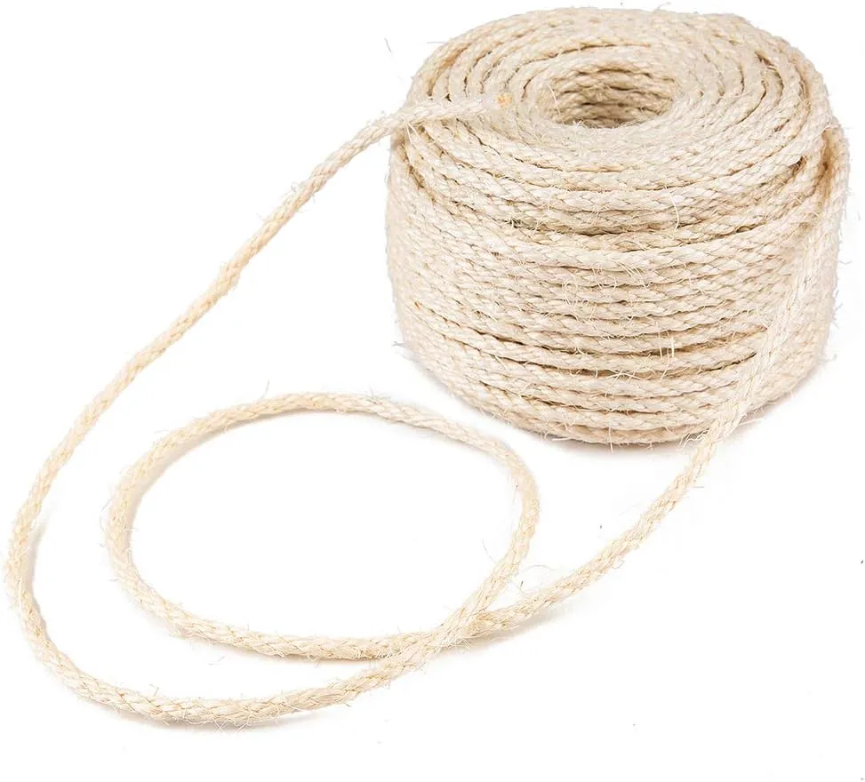 Yangbaga Cat Natural Sisal Rope for Scratching Post Tree Replacement, Hemp Rope for Repairing, Recovering or DIY Scratcher, 6mm Diameter, Come with a Play Ball 33FT